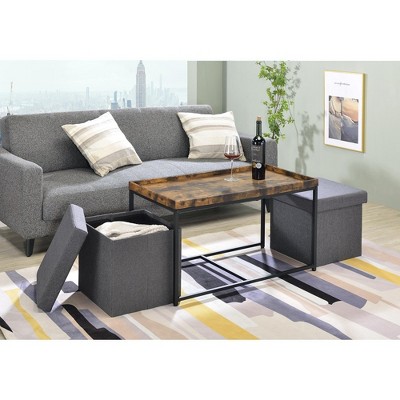 Vynxaria Monty 35" Weathered Oak Wood Grain 3 Piece Coffee Table Set with Raised Edges