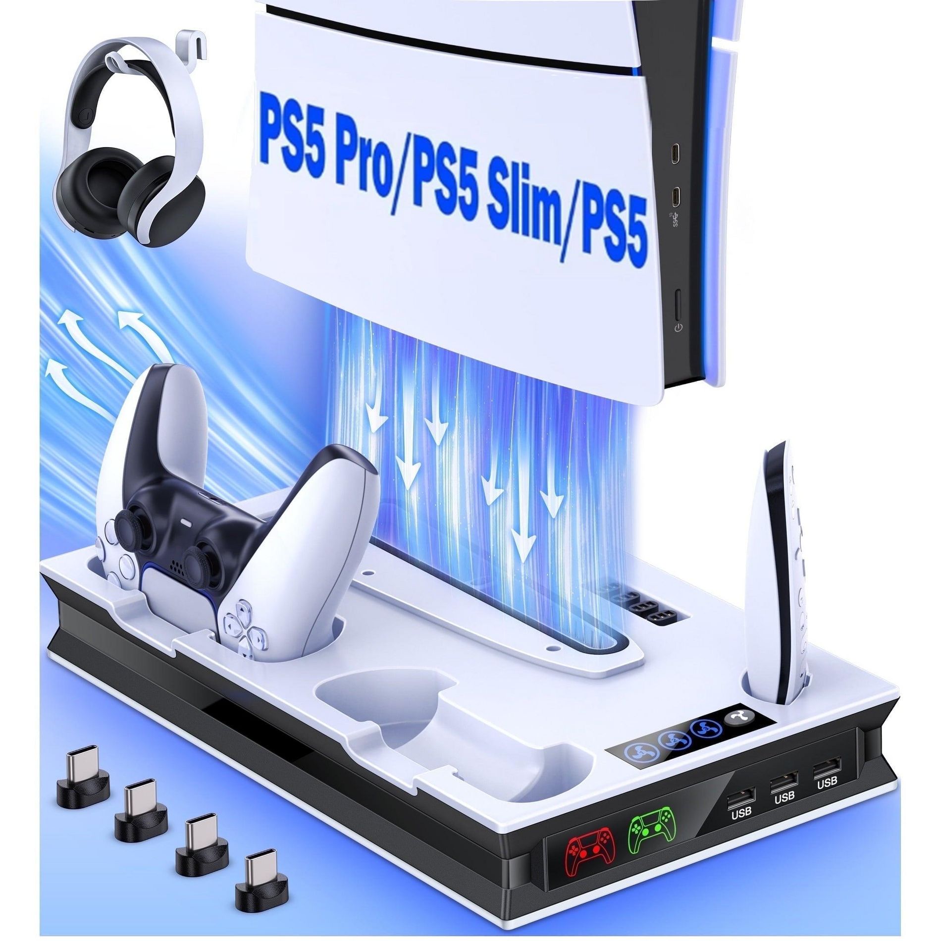 Beboncool PS5 Cooling Fan Stand with Dual Controller Charger Station for PS5 & Pro & Slim White Model 2