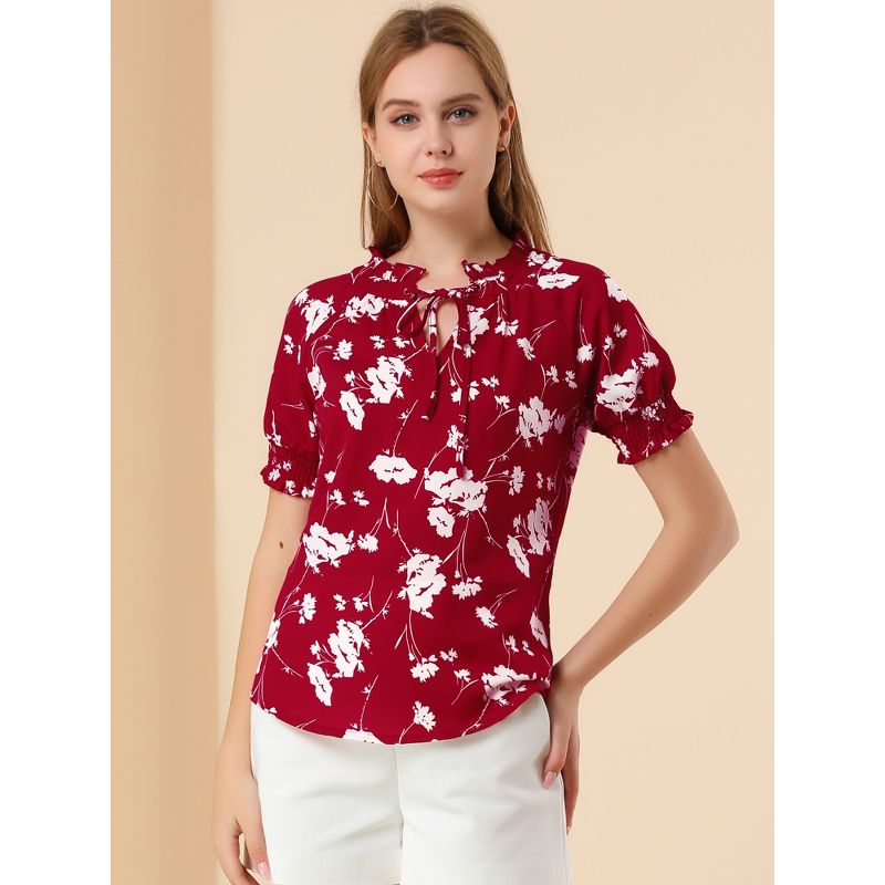 Allegra K Women's Ruffle Tie V-Neck Casual Smocked Short Sleeve Floral Top, 3 of 7