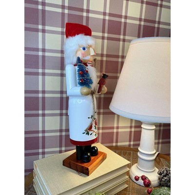 14" White and Red Wooden Cardinal Claus Nutcracker