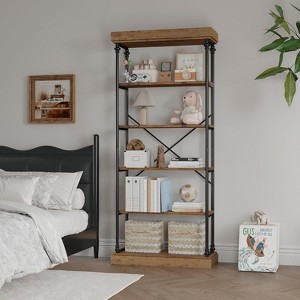 Jojoka 6-Tier Industrial Bookshelf, 73.6" Tall Freestanding Bookcase with Rustic Wood Shelves and Roman Column Legs for Living Room, Bedroom,Brown - 1 of 4