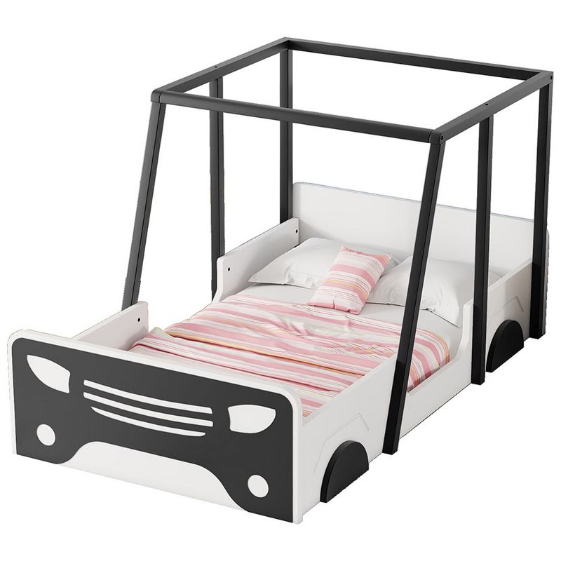 Twin Size Car-shaped Bed With Roof, Wooden Twin Floor Bed With Wheels And Door Design Inspired Bedroom Fun Bed Frames, 3 of 7