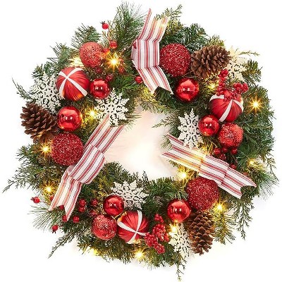 Coucheta 24 Inch Christmas Wreath - with Bow Berries Cones Pine Needles, Christmas Door Wreath for Home Door Wall Party Decor, Red & White