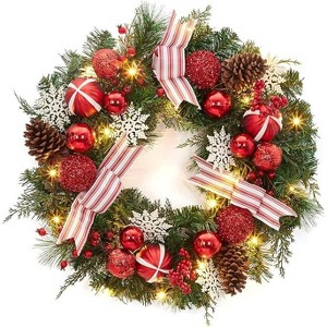 Coucheta 24 Inch Christmas Wreath - with Bow Berries Cones Pine Needles, Christmas Door Wreath for Home Door Wall Party Decor, Red & White - 1 of 4