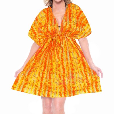 LA LEELA Women's Breachwear Bathing Suit Wraps Summer Loose Swimsuit Cover Ups Mini Caftan X-Large-XX-Large Orange, Abstract