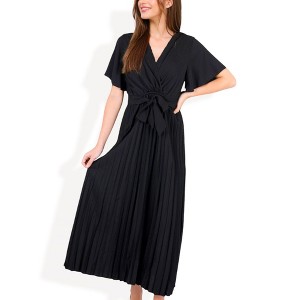 Anna-Kaci Women's V-Neck Flutter Sleeve Maxi Dress with Pleated Skirt and Waist Tie - 1 of 4