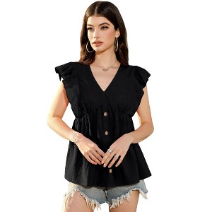 Women's Ruffle V Neck Button Down Short Sleeve Blouse - Summer Peplum Top - 1 of 4