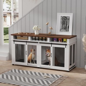 71" Wooden Dog Crate Furniture - Double Kennel with Removable Divider, 3 Storage Drawers - 1 of 4