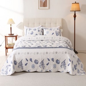 Luupatchy Ocean Dreams 3 Pc Quilt Set: Nautical Theme, Blue & White Coastal Bedding with 2 Pillowcases, Queen Size - 1 of 4