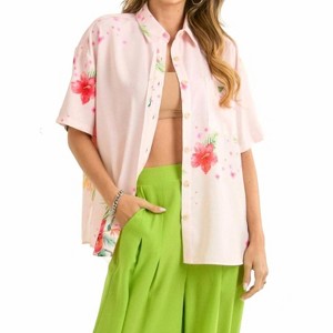 Women's Hibiscus Floral Print Button Down Top Blouse - Jnna - 1 of 4