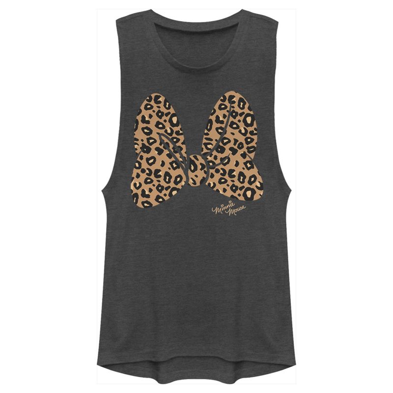 Juniors Womens Mickey & Friends Cheetah Print Minnie Mouse Bow Festival Muscle Tee, 1 of 5