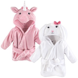 Hudson Baby Infant Girls 2Pc Plush Animal Face Bathrobe, Pink Unicorn Bunny, 0-9 Months - 1 of 3
