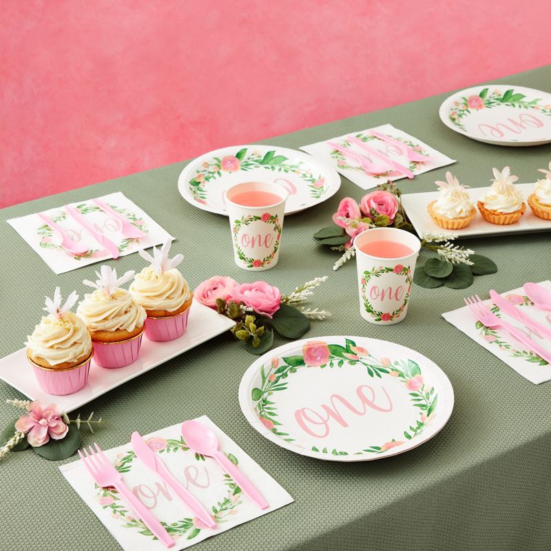 Juvale 144 Piece Baby Girl 1st Birthday Party Decorations, Floral One First Birthday Plates, Napkins, Cups, Pink Cutlery, Serves 24, 2 of 10