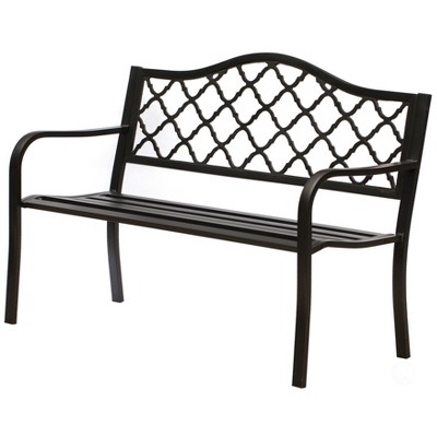 Gardenised Outdoor Garden Patio Steel Park Bench Lawn Decor with Cast Iron Back, Black Seating bench for Yard, Patio, Garden and Deck