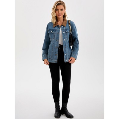 INSPIRE CHIC Women's Denim Corduroy Collar Long Sleeves Button Down Western Shacket Jean Jackets Retro Blue Large — фото 3