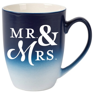 Elanze Designs Mr & Mrs Two Toned Ombre Matte Navy Blue and White 12 ounce Ceramic Stoneware Coffee Cup Mug