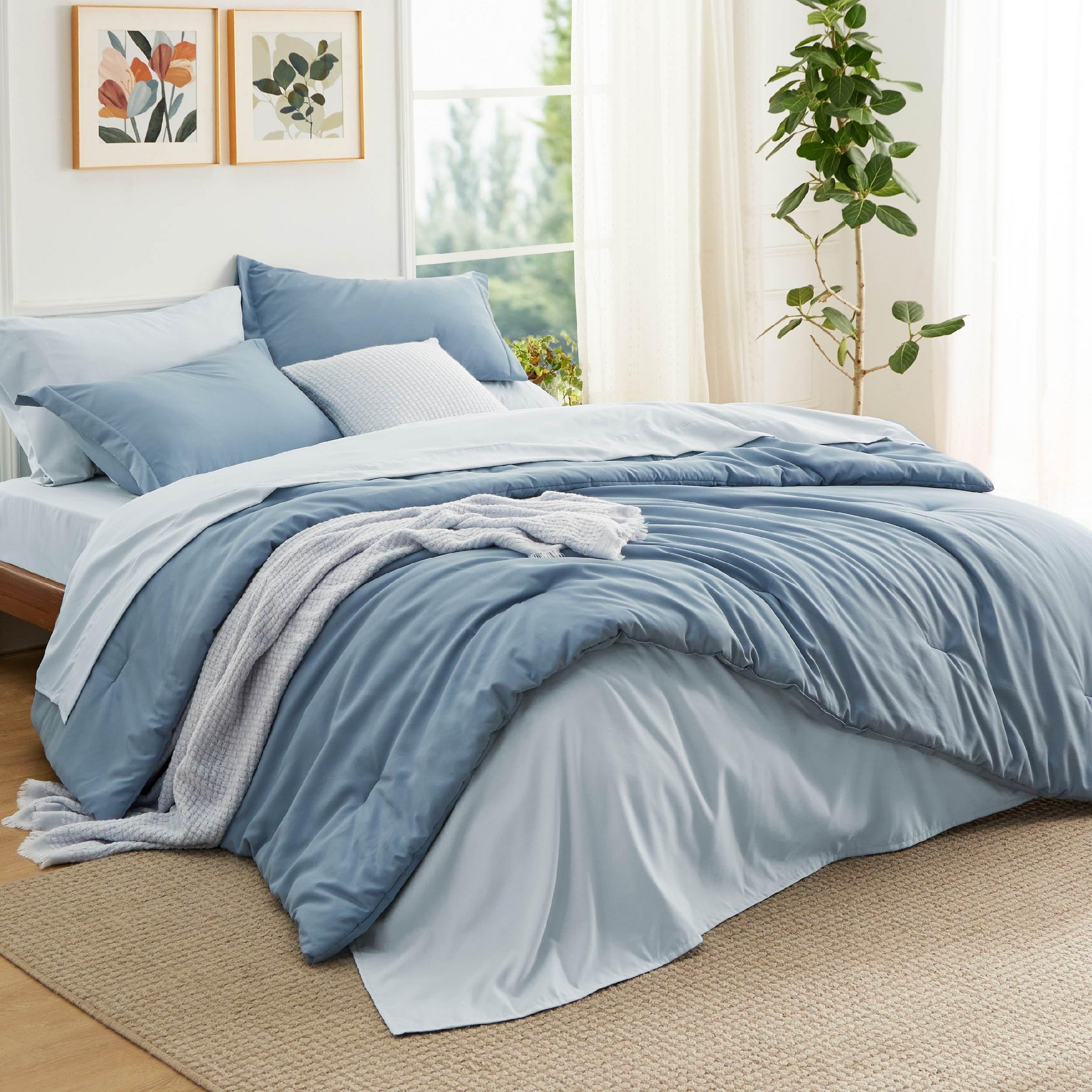 7 Pieces Boho Contrasting Design Bedding Comforter Set Queen Size Grayish Blue