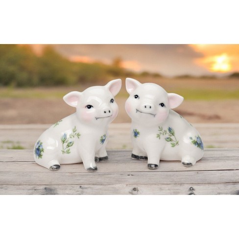 Kevins Gift Shoppe Ceramic Victorian Pig With Blue Rose Pattern Salt And Pepper Shakers - image 1 of 4