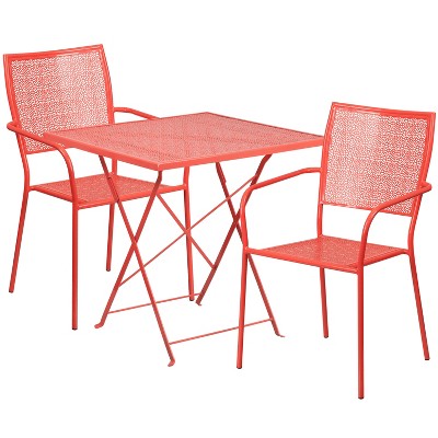 Emma and Oliver Commercial 28" Square Metal Folding Patio Table Set w/ 2 Square Back Chairs