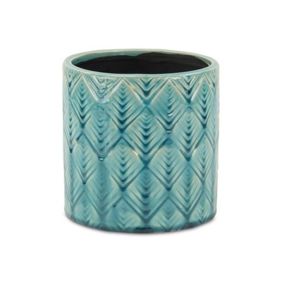 HomeRoots 6" Turquoise Geometric Ceramic Indoor Outdoor Round Pot Planter