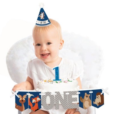 Big Dot of Happiness Stay Wild - Forest Animals 1st Birthday - First Birthday Boy Smash Cake Decorating Kit - High Chair Decorations