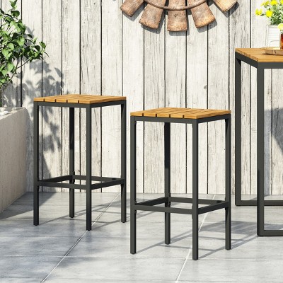 Coolbibila 30'' H Outdoor Height Bar Stools Set of 2,Modern Industrial Acacia Slat Seat Backless Bar stool,Metal Frame Bar Stools with Footrest