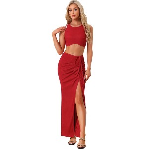 Allegra K Women's Outfit Set Beach Sleeveless Tank Top and Tie Front Split Skirt 2 Pcs - 1 of 4