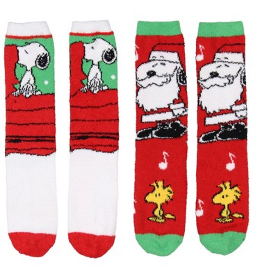 Peanuts Santa Snoopy And Woodstock Christmas Adult Fuzzy Plush Crew Socks 2 Pack For Women Men Multicoloured