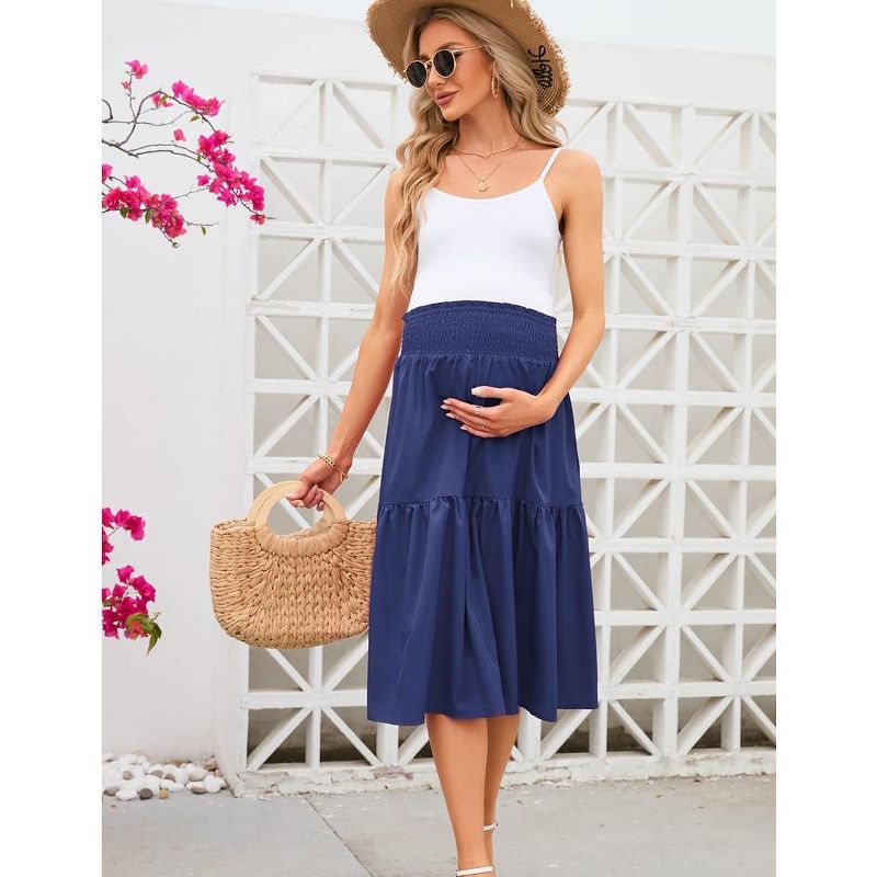 Women's High Elastic Empire Waist Maternity Skirt Summer Casual Floral Pleated Swing A Line Flowy Midi Skirts with Pockets, 4 of 9