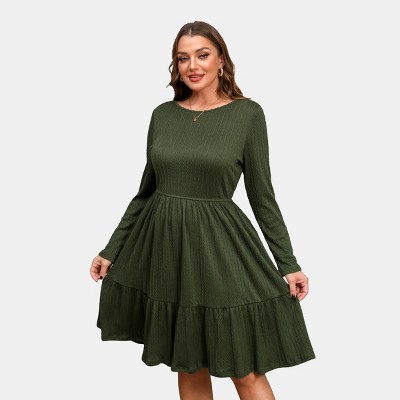 Women's Plus Size Olive Green Textured Tiered Midi Dress - Cupshe
