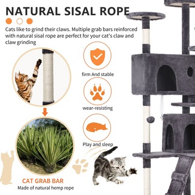 70-inch Light Gray Multi-Level Cat Tree Tower with Sisal Posts
