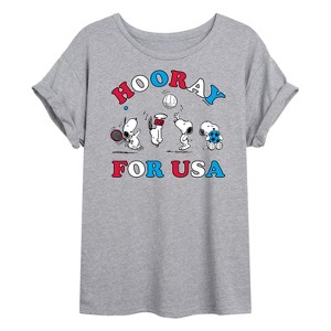 Women's - Peanuts - Snoopy Hooray For USA Tennis Diving Volleyball and Soccer Oversized Graphic T-Shirt - 1 of 4