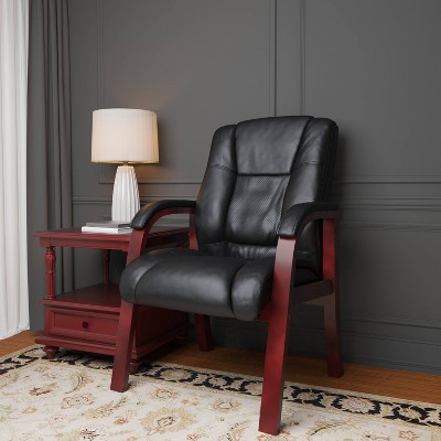 Mid-Back Black Vinyl Guest Chair with Mahogany Wood Frame