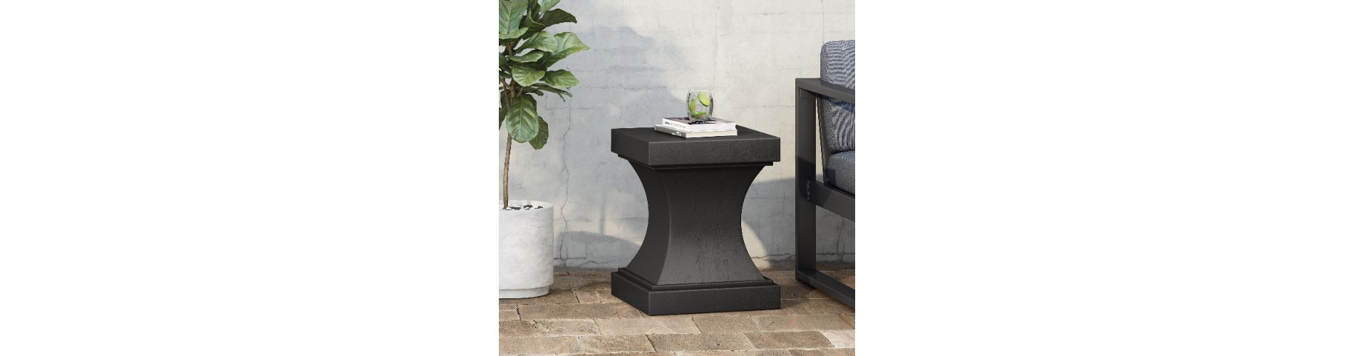 Lyngins Modern Pedestal Black Outdoor Accent Table, Lightweight Concrete Patio End Table for Outside Use, Outdoor Side Table