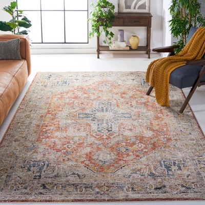Rust and Blue Square Hand-Knotted Synthetic Rug