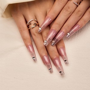 YEVYO Press On Nails Long - French Rhinestone Square Bling Glossy for Women and Girls On Fake Nails - Clear - 10 Pcs - 1 of 4