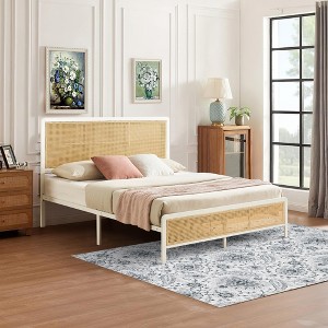 Rattan Boho Platform Bed Frame with Light Headboard with Sturdy Steel Slat Support, Heavy-Duty Steel, No Box Spring Needed - 1 of 4