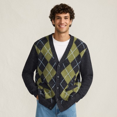 Lands' End Men's Long Sleeve Fuzzy Argyle Cardigan Sweater
