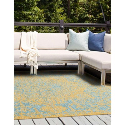 Yellow and Aqua Square Medallion Outdoor Rug