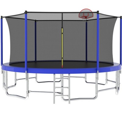 HFYee 8/10/12/14/10*16FT Backyard Trampoline Basketball Kit with Bonus Balls & Safety Enclosure for Ages 8+, Blue