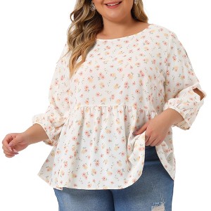 Agnes Orinda Women's Plus Size Casual Babydoll Peplum Cut Out 3/4 Sleeve Floral Blouses - 1 of 4