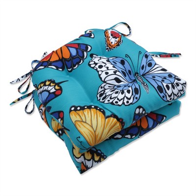 Pillow Perfect Set of 2 Butterfly Garden Outdoor/Indoor Reversible Chair Pads Turquoise