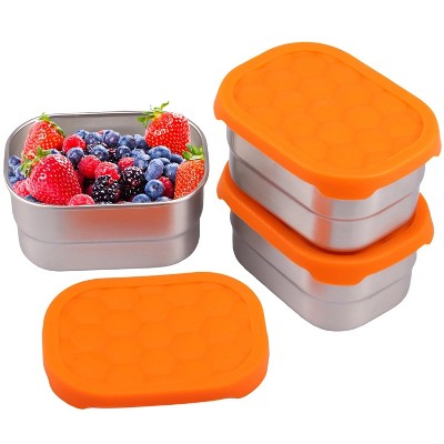 LunaLulinlk 3 Pack Silicone Snack Lunch Boxes with Lids Frozen Snack Lunch Stainless Steel Reusable Orange
