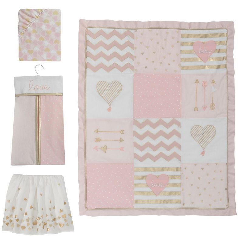 Lambs & Ivy Baby Love Pink/Gold Girl Heart 4 Piece Crib Bedding Set, 1 of 8