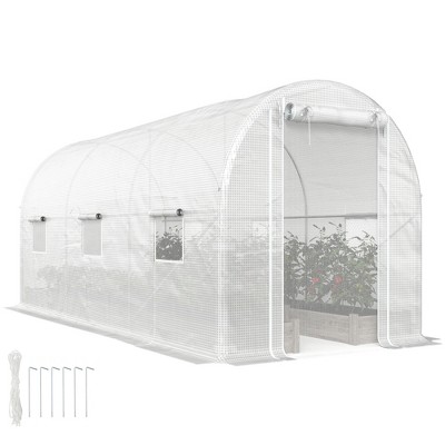 Outsunny 14.6'x6.5'x6.6' Hoop House Greenhouse with 2 Support Rods, Zippered Roll-up Mesh Door, Walk-in Tunnel Greenhouse with PE Cover