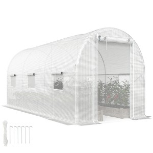 Outsunny 14.6'x6.5'x6.6' Hoop House Greenhouse with 2 Support Rods, Zippered Roll-up Mesh Door, Walk-in Tunnel Greenhouse with PE Cover - 1 of 4