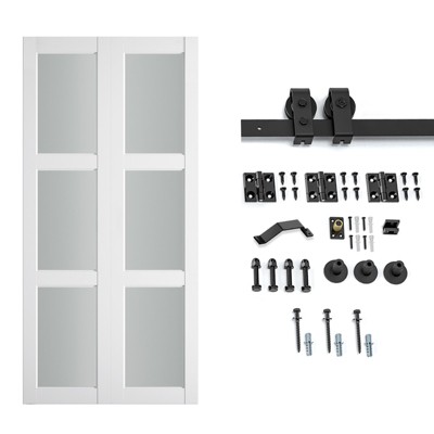 SMARTSTANDARD Bifold Barn Door 84 in. Height 3-Lite Frosted Glass Top Mounted MDF Bi-fold Sliding Closet Doors with Hardware Kit Included, Predrilled