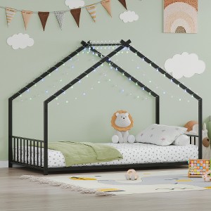 Lyngins Twin Size Bed Frame, Kids' House Bed Frame with Roof & Colorful Lights, Metal  Floor Bed Frame with Slats and Legs, Toddler Bed with Backrest - 1 of 4
