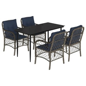vidaXL 5-Piece Poly Rattan Patio Dining Set - Gray with Navy Blue Cushions, Tempered Glass Tabletop, Weather-Resistant Outdoor Furniture - 1 of 4