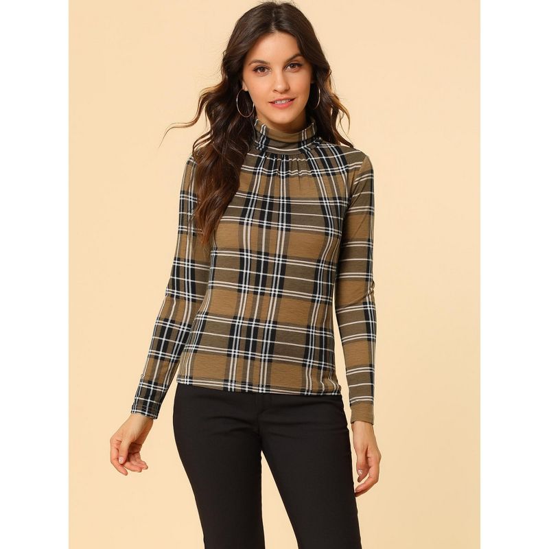 Allegra K Women's Long Sleeve Pleated Front Turtleneck Stretch Slim Plaid Blouse, 5 of 8